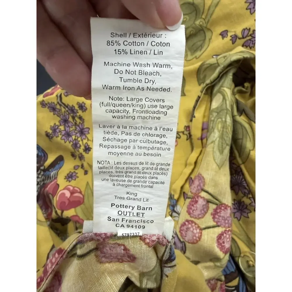 Pottery Barn Brynn King Duvet plus 3 Euro Shams Floral Birds Cotton Linen 4pc